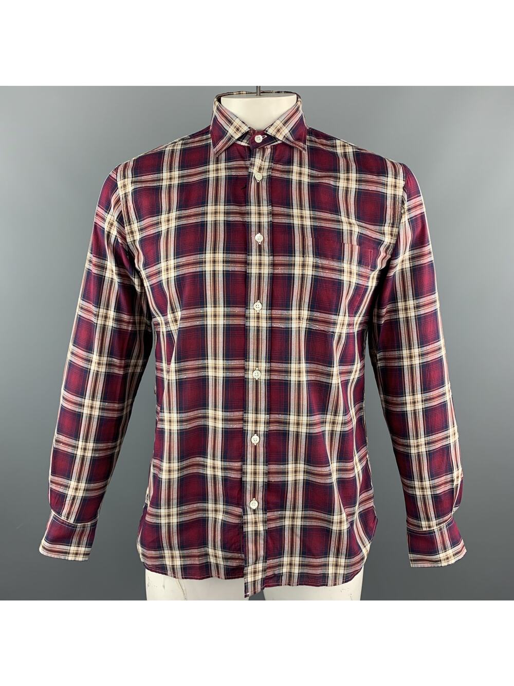 HARTFORD L Burgundy & Brown Plaid Cotton Button Up Long Sleeve Shirt